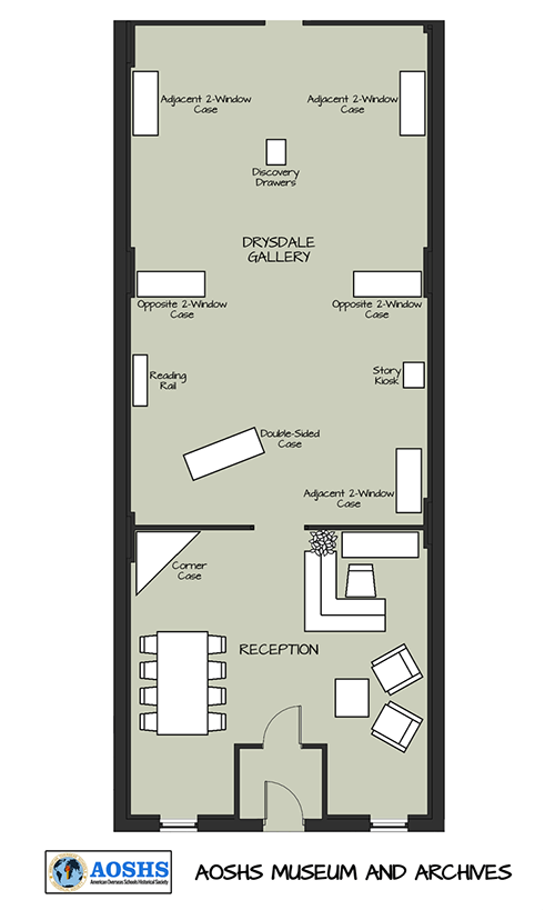 Proposed furniture and display plan for Reception and Drysdale Gallery
